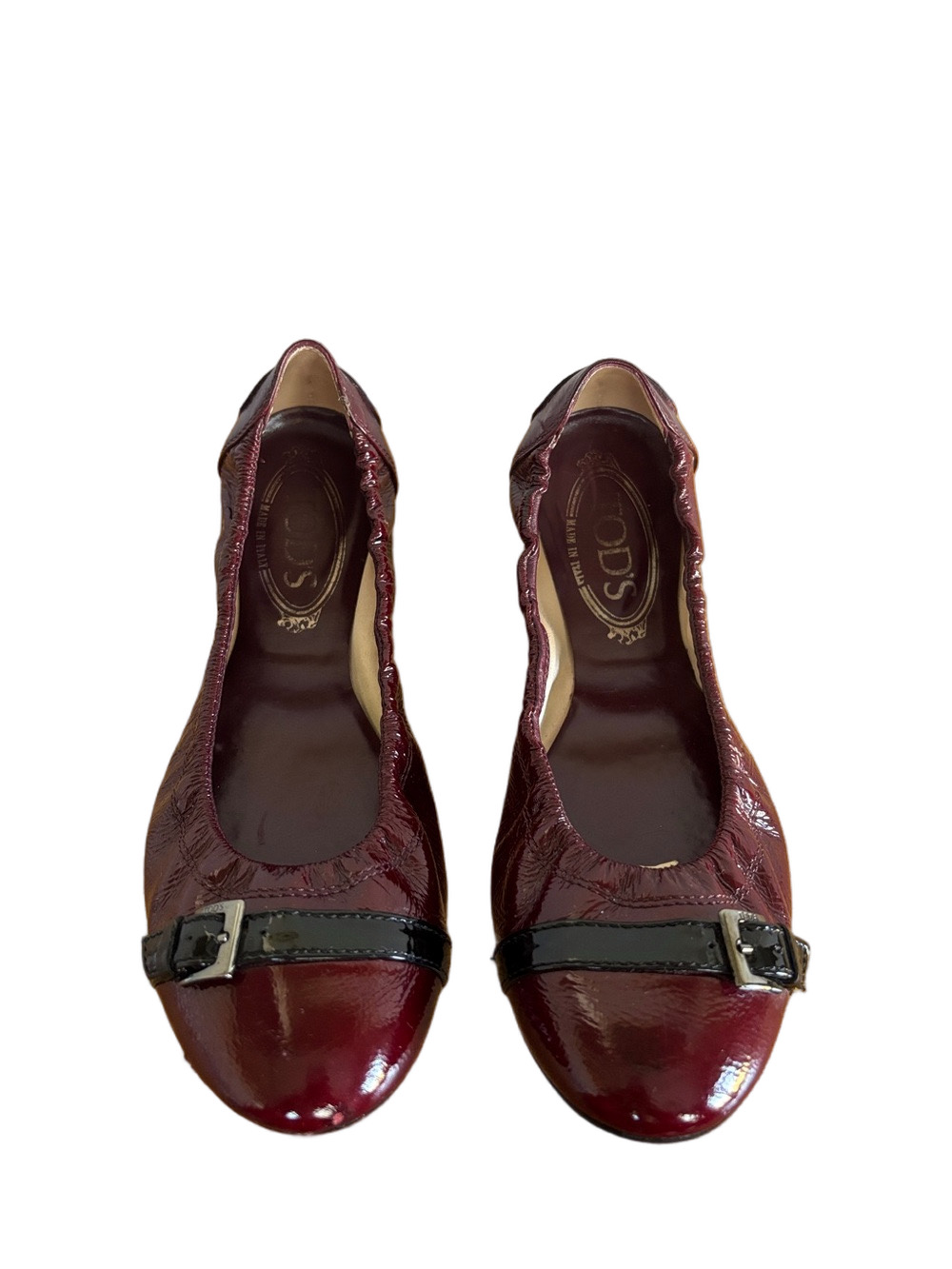 Tod’s Burgundy Patent Leather Ballet Flats Buckle Italian Luxury Size 8 / 38
